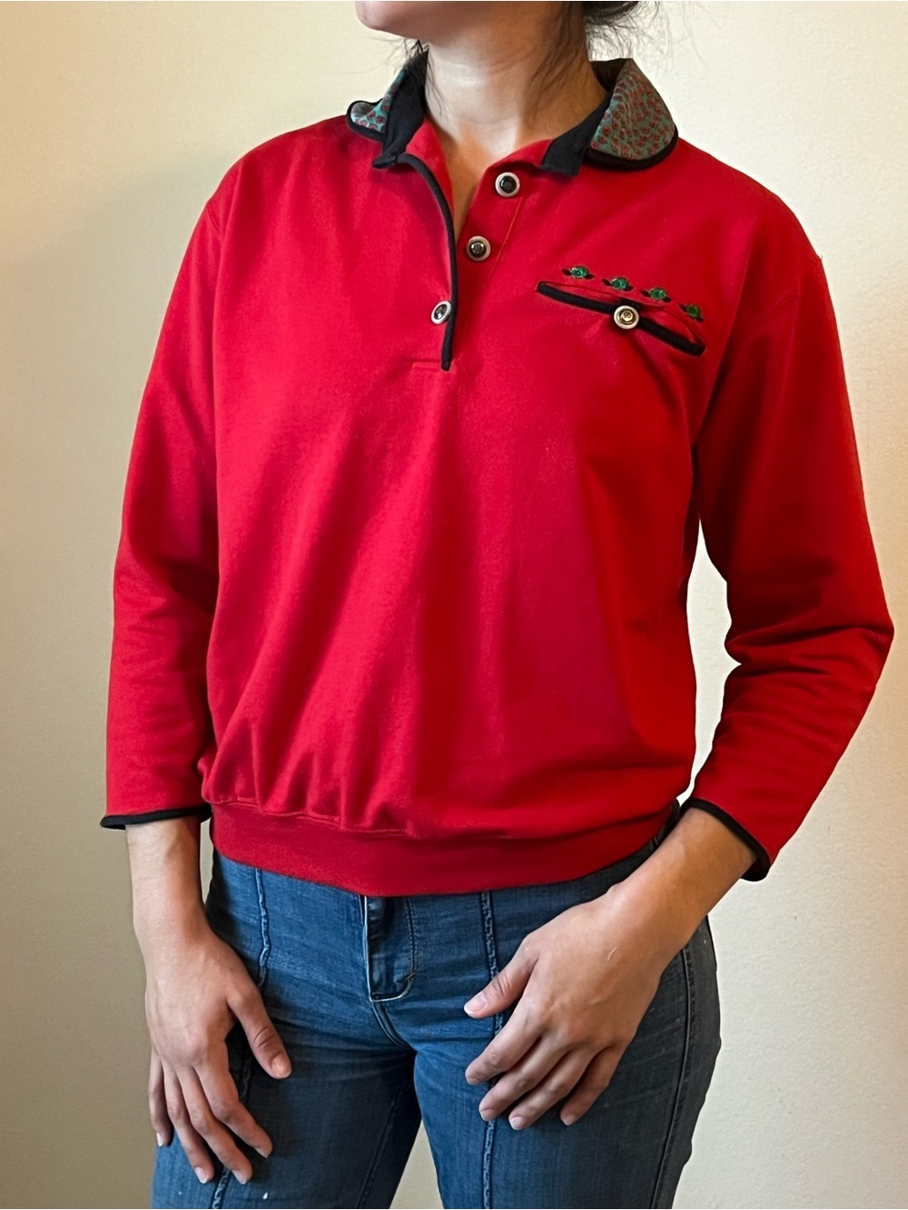 Vintage Blast Petites Red Long-Sleeve Sweater with Black Trim and Floral Accents